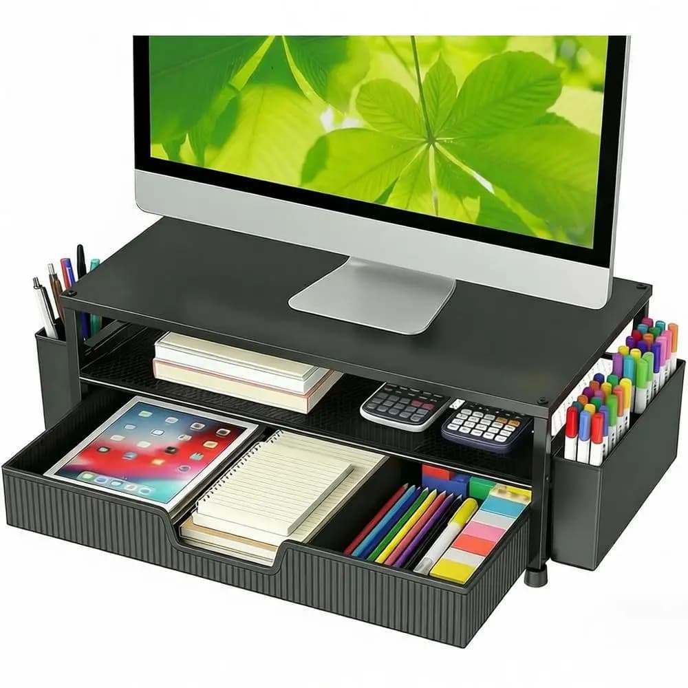 2-Tier Monitor Stand with Storage and Laptop/Printer Workspace Organizer - Black