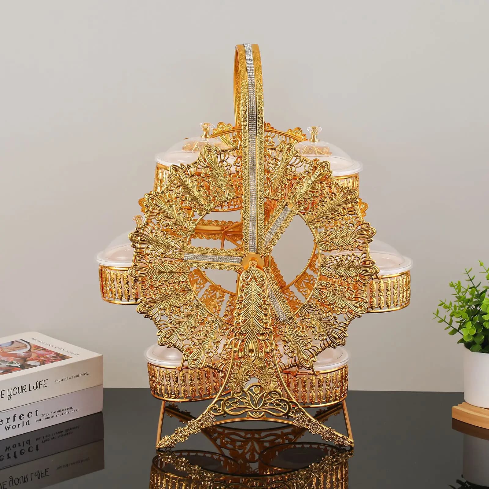 Exquisite windmill rotating pattern dried fruit snack plate metal hollow shape six palace grid fruit plate decorative ornament