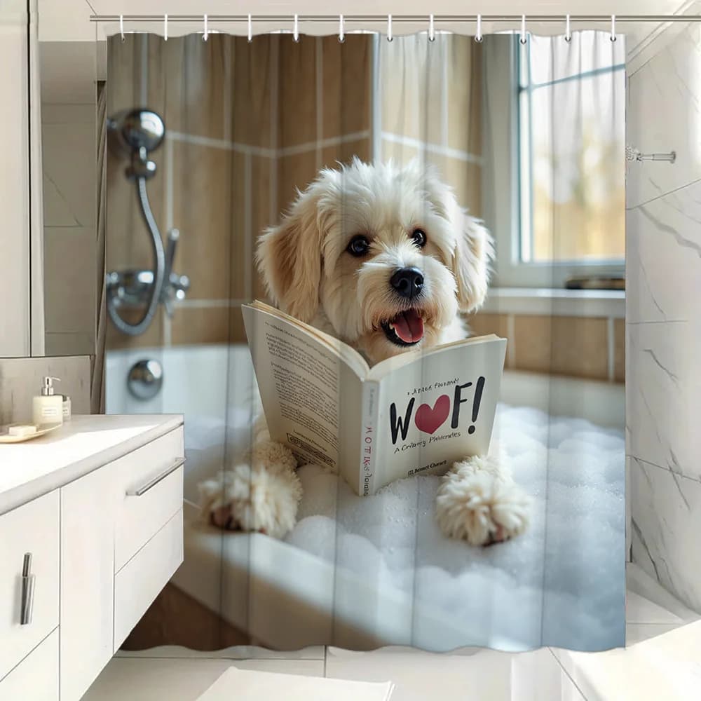 "Curino da doccia impermeabile con libro di lettura per cani 3D carino per accessori per la decorazione del bagno dei bambini con design divertente ed educativo"