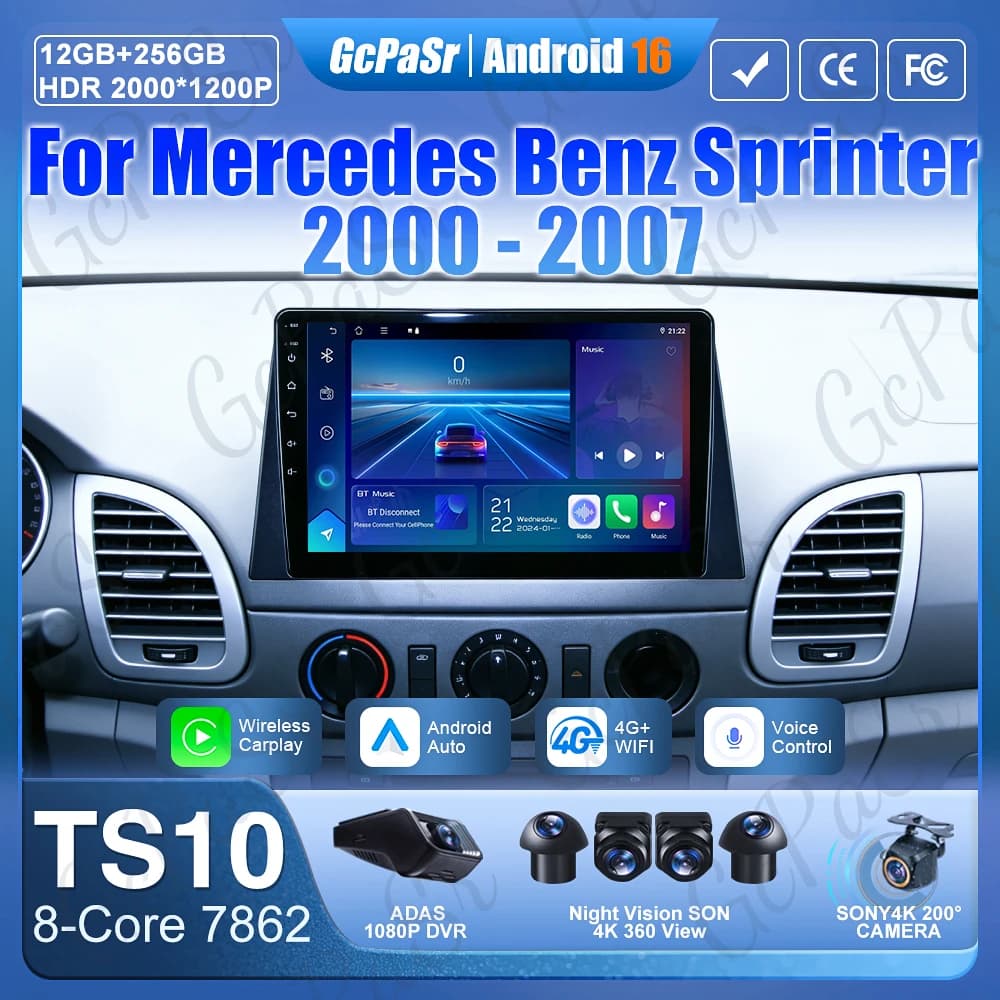 Autoradio Android 16 per Mercedes Benz Sprinter 2000-2007 con Carplay, Multimedia, GPS, Navigazione e Schermo Stereo
