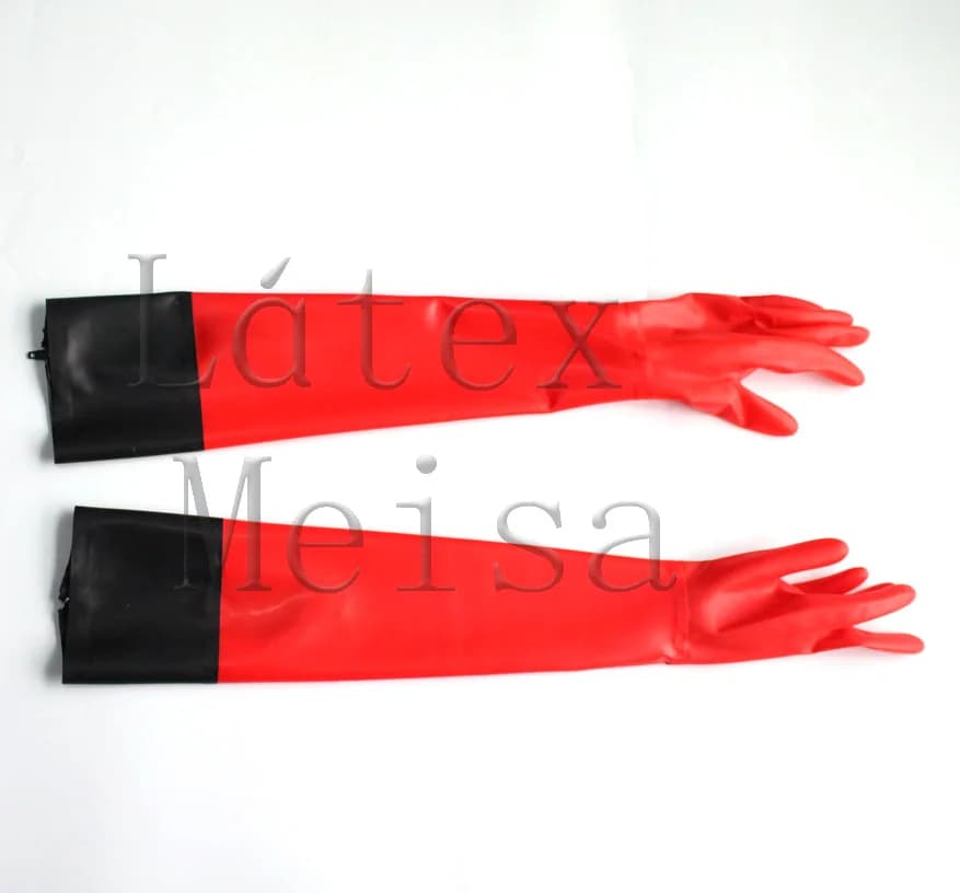 Guanti lunghi in lattice a cinque dita in lingerie naturale al 100% di colore rosso con cerniera attaccata in colore nero