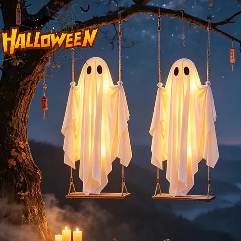Halloween Ghost Swing Hanging Illuminate String Lights Spooky Decoration for Porch Yard Garden Lawn Outdoor Party Celebration