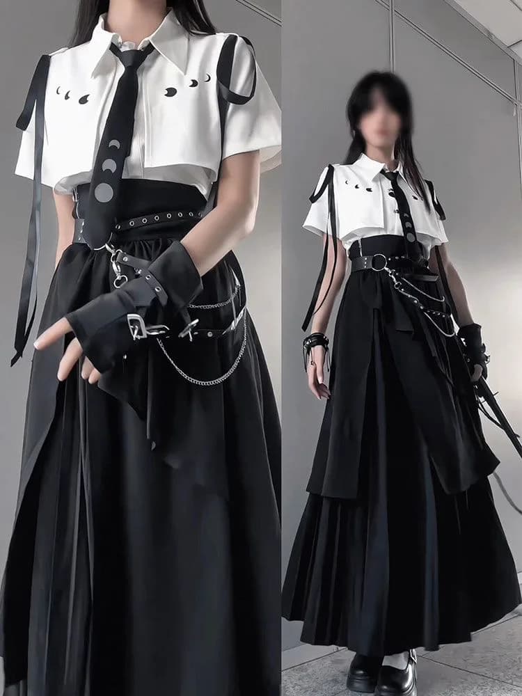 Gothic Style Elegant Top + Mini Cake Skirt + Corset Belt Three-Piece Set Women Casual Japanese Patchwork Bodycon Spring Summer