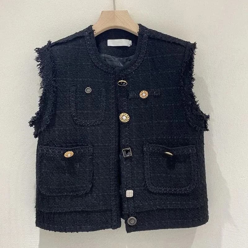 Autunno nuova moda temperamento versatile stile corto gilet di lana profumata giacca da donna gilet nero
