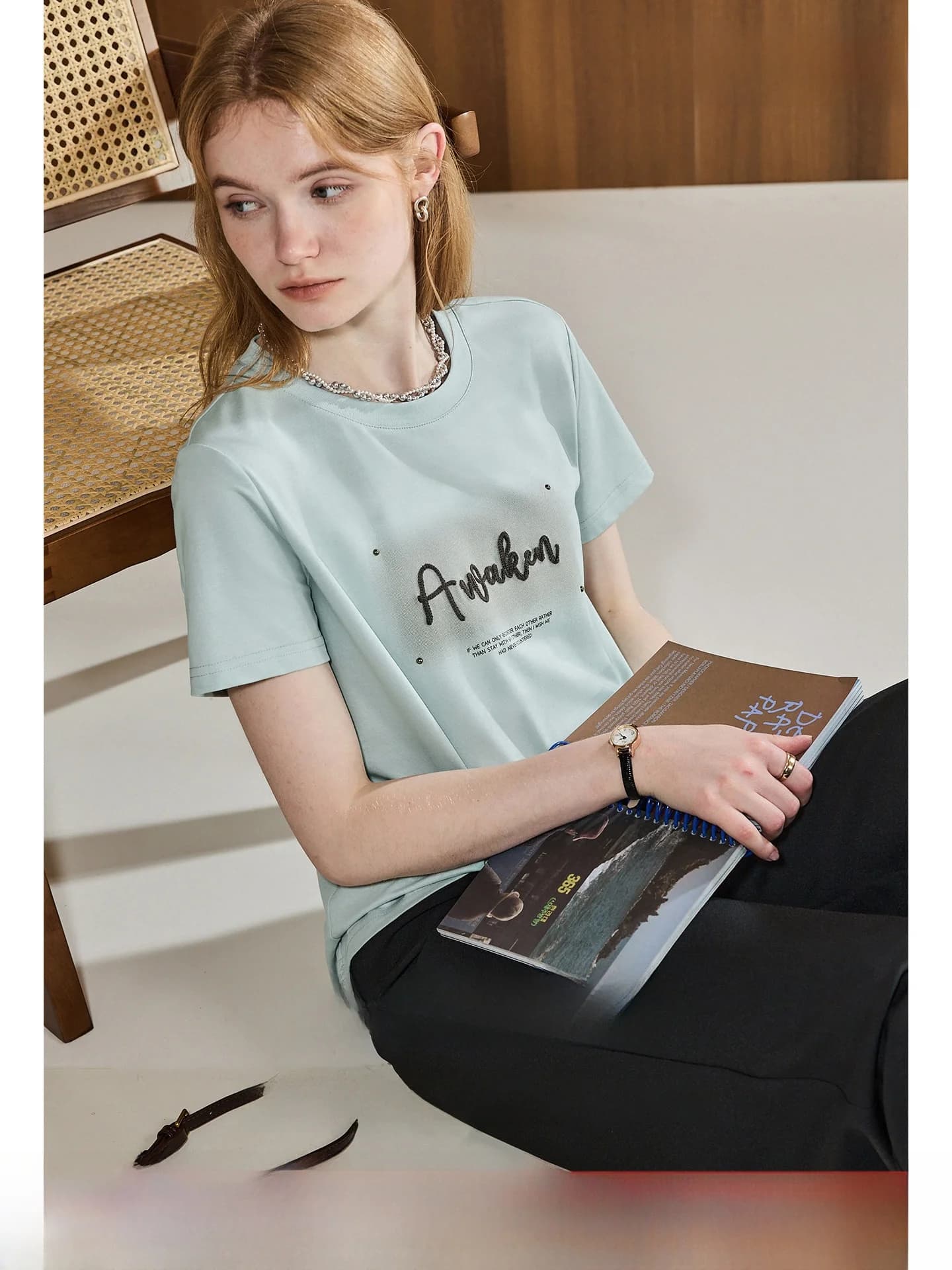 KUHNMARVIN Women's Basic round Neck Short Sleeve T-shirt Embroidered Salt Sensation Summer New Style Casual Knitted Cotton