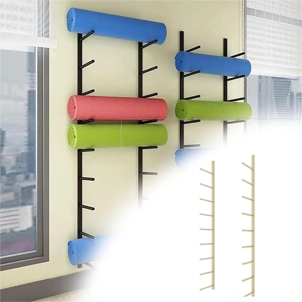 Gold 9-Tier Wall-Mounted Yoga Mat Rack, Multi-Storage Organizer for Home Gym or Office Relaxation Area (61in/156cm)