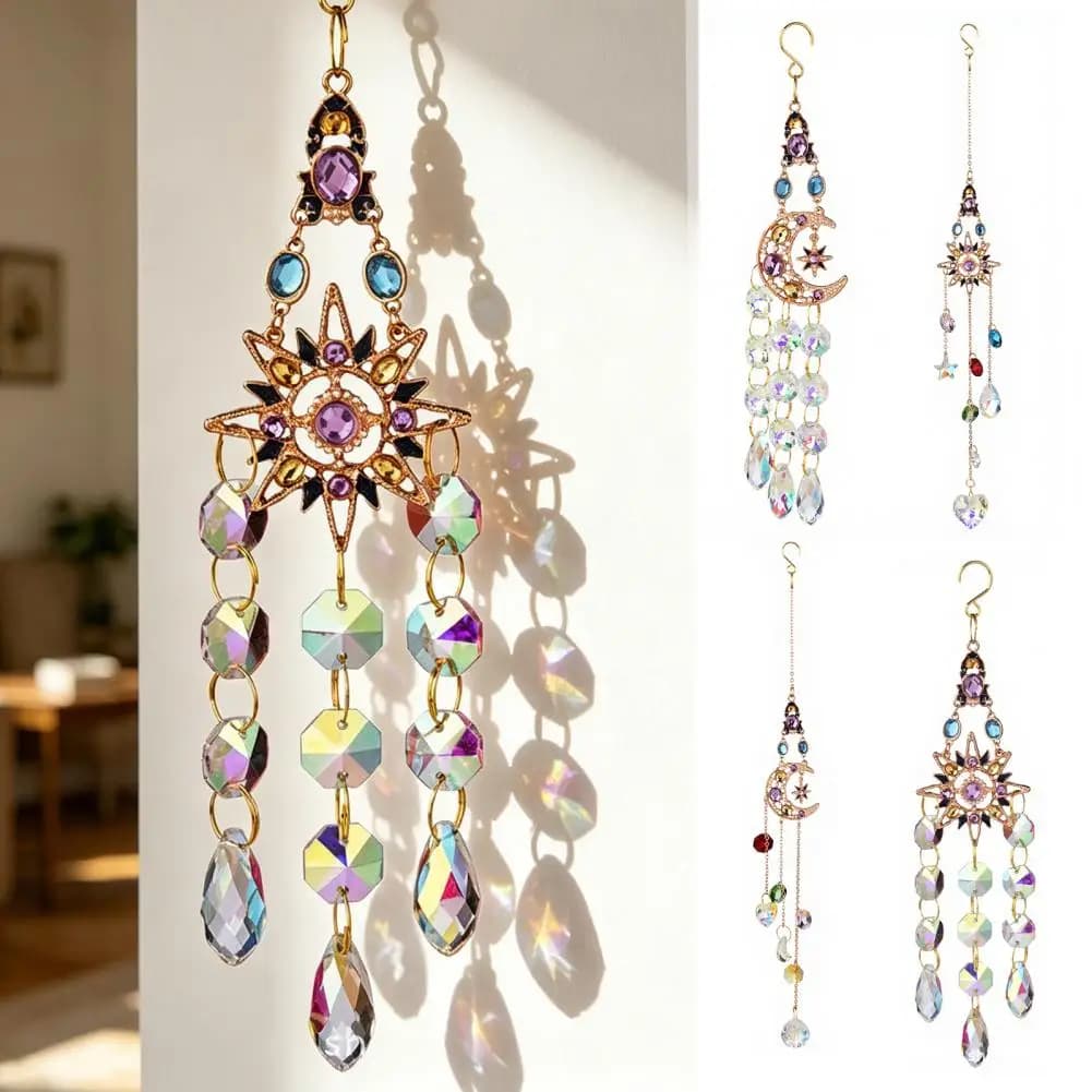 Chime Silver Wind Chime Suncatcher Star Moon Heart Prism Hanging Ornament Rainbow Light Catcher Decor for Window Patio Wind