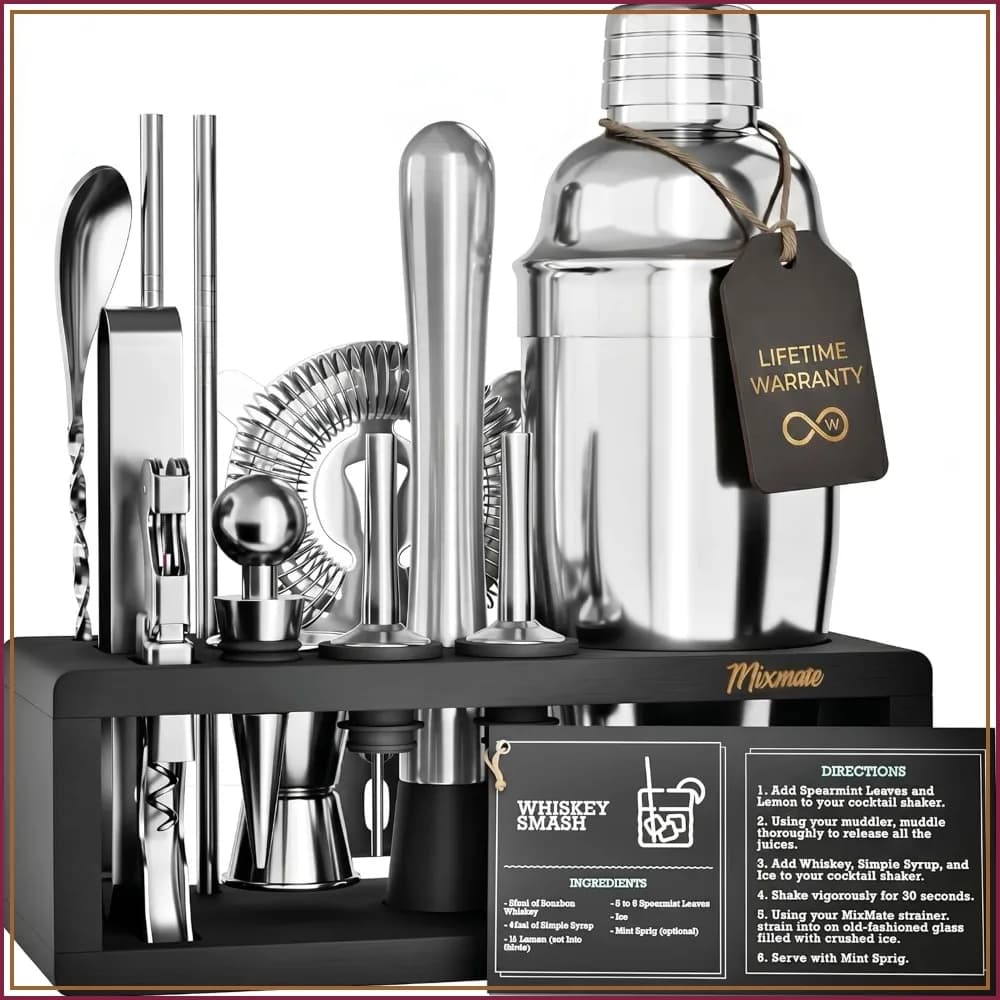15-Piece Mixology Bartender Kit with Stand - Cocktail Shaker Set for Home Bar, Includes Martini Shaker, Jigger, Strainer, Spoon, Tongs, Opener, and Recipe Book