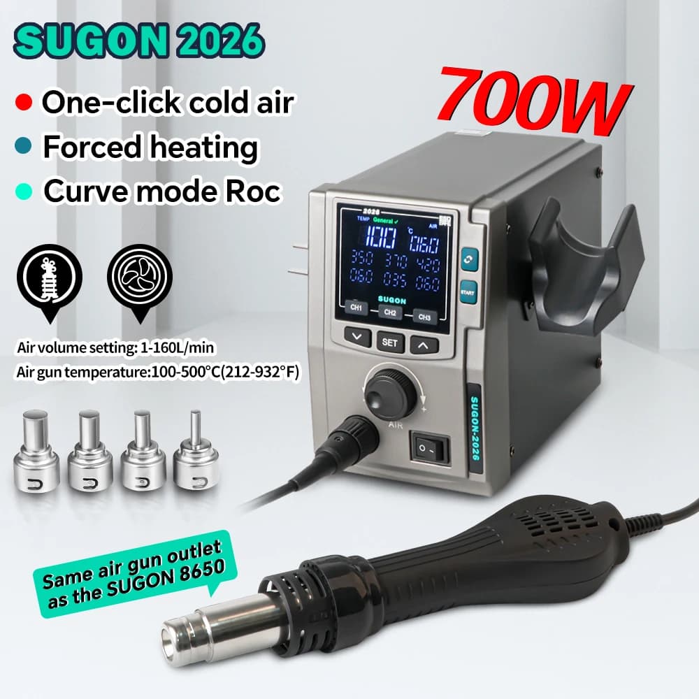 SUGON 2026 Stazione di saldatura da 700 W Flusso d'aria di grado 160 Pistola ad aria calda Stazione di rilavorazione elettronica Riparazione del telefono BGA PCB SMD Strumenti di saldatura