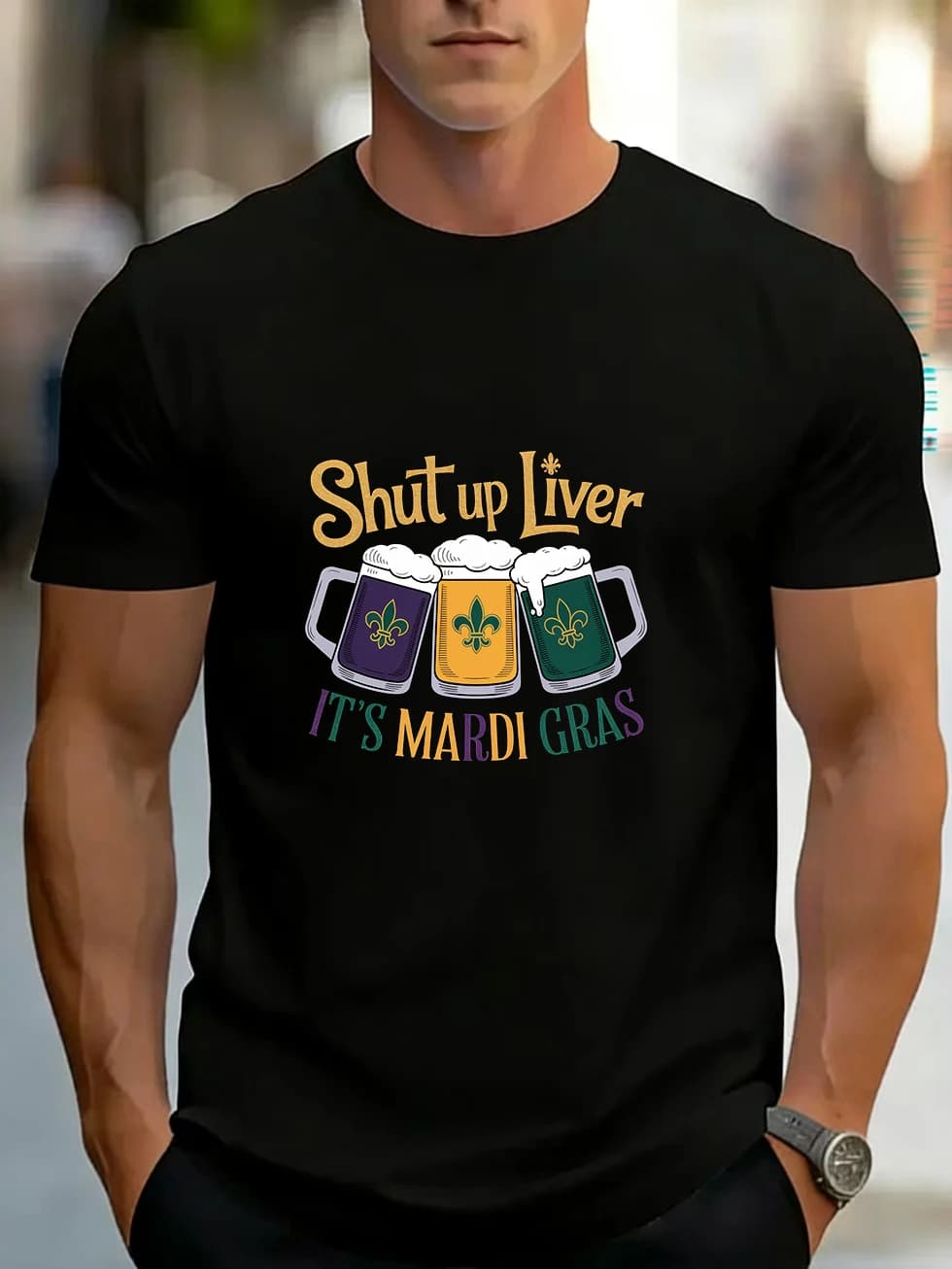 T-shirt a maniche corte da uomo, con motivo Iris Flower Beer Mug, testo scritto a mano, Carnevale, stesso stile per uomo e donna, puro cotone