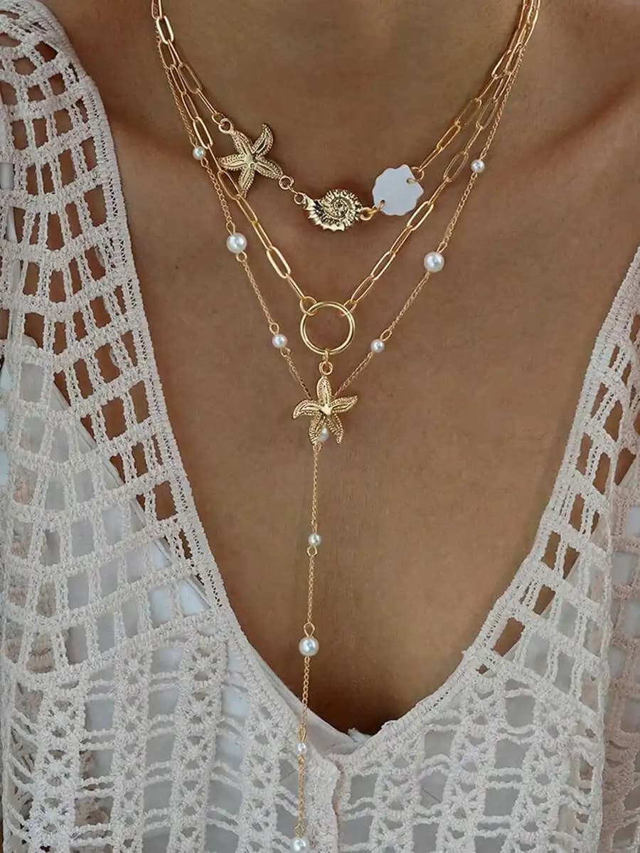 Collana a Y a strati con stelle marine, conchiglie e perle, stile oceano, 3 pezzi, per la spiaggia, l'uso quotidiano e le feste