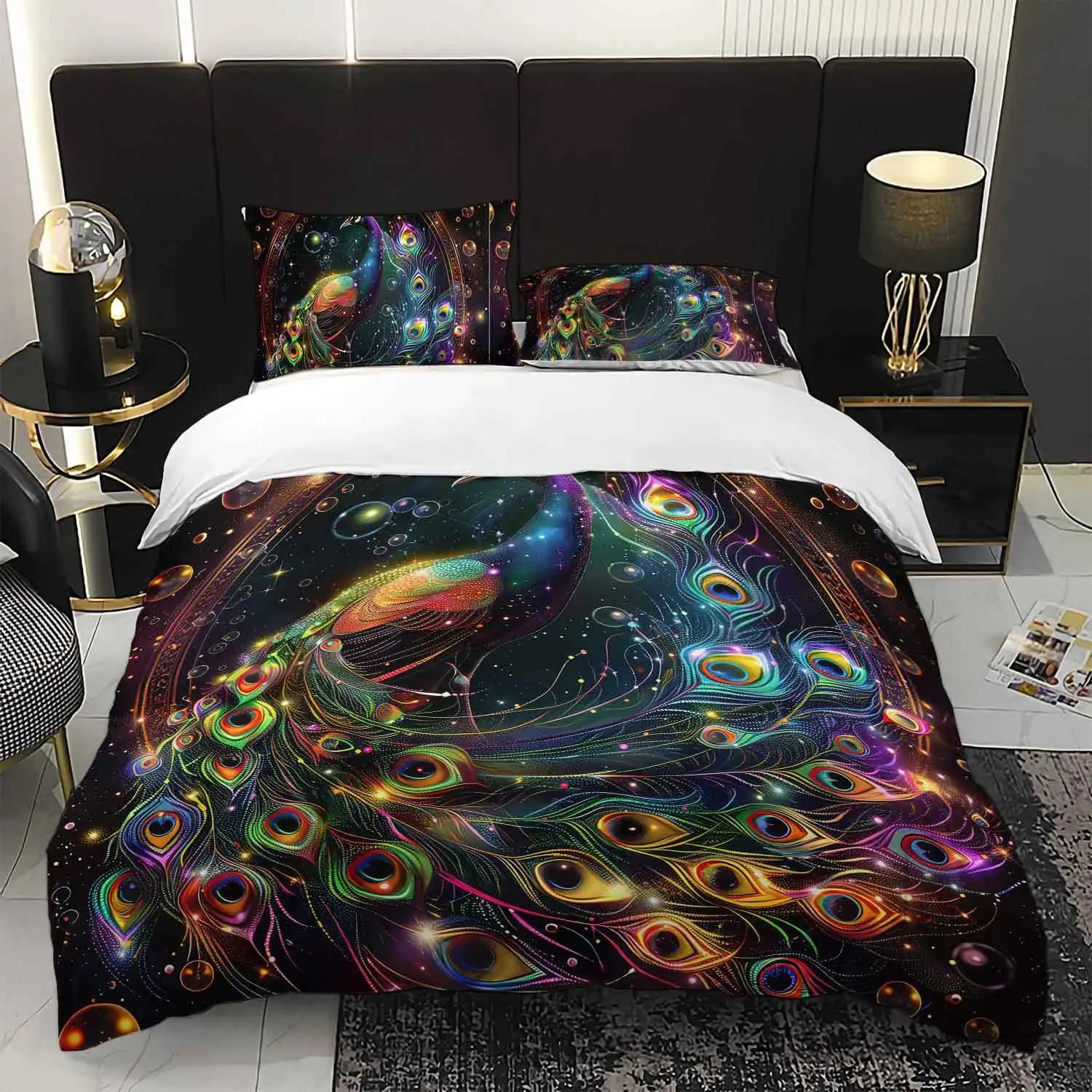 Set copripiumino per biancheria da letto con piume di pavone colorate da 3 pezzi Set trapunta per biancheria da letto con pavone Set di scommessa a tema pavone Arredamento camera da letto con pavone