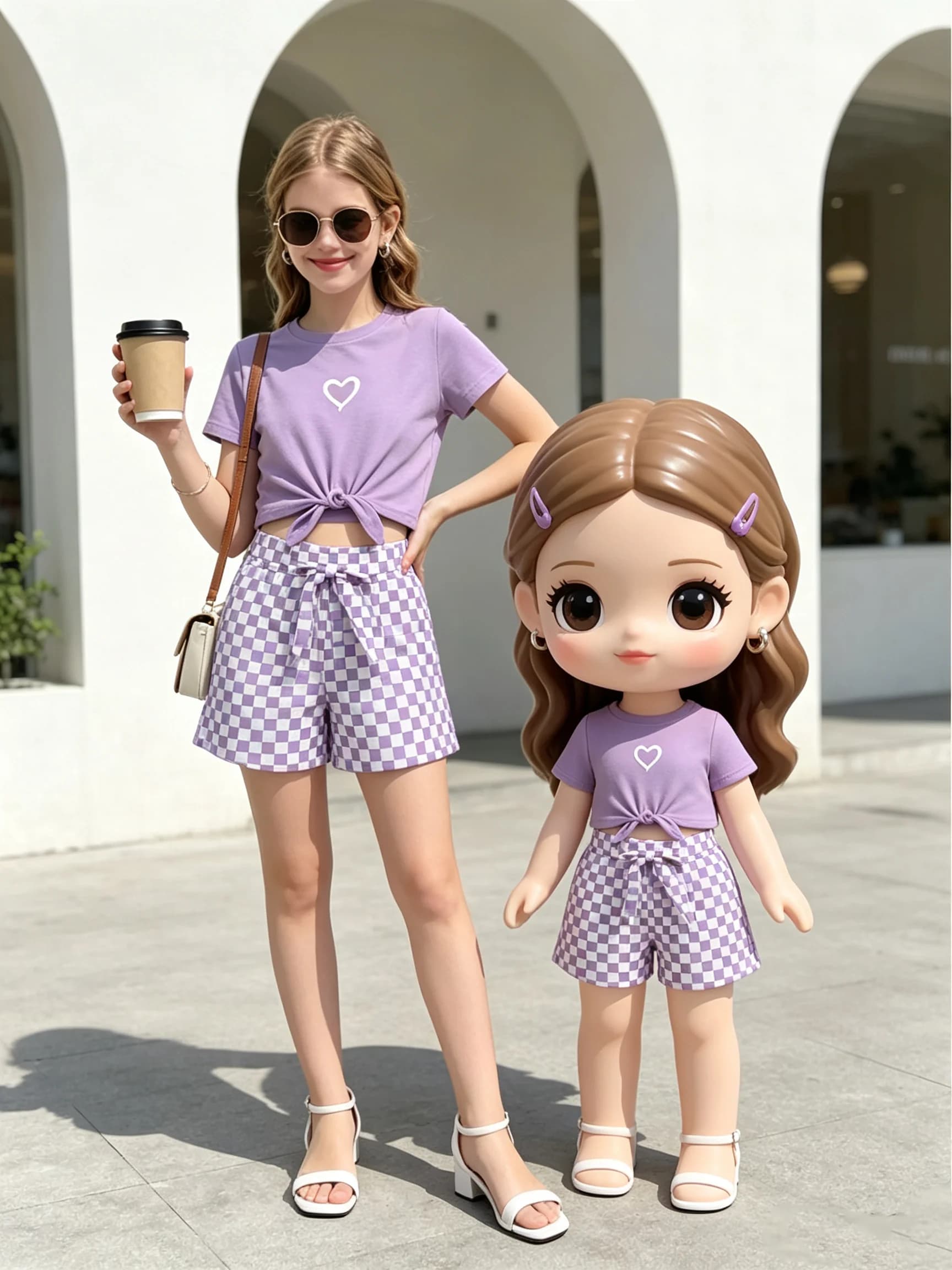 Kids Clothing Set Heart Printed round Neck Short Sleeve T-Shirt with Elastic Waist Checkered Shorts Children's Outfit