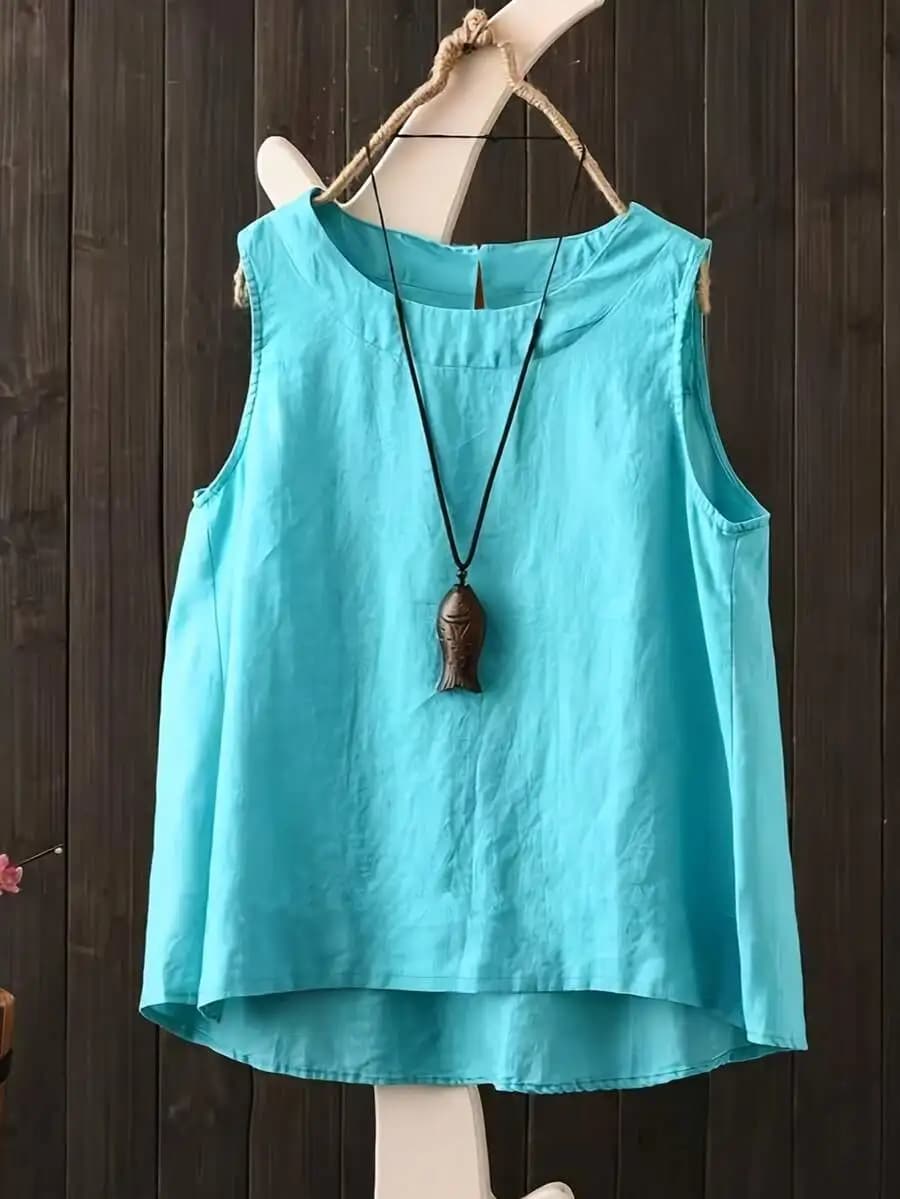 Top Senza Maniche in Lino per Donna, Camicetta Boho Turchese per Spiaggia Estiva e Abbigliamento Casual