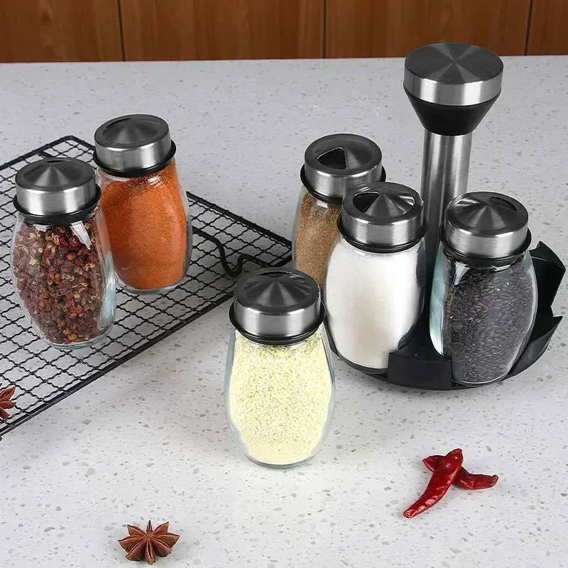 NUOVO Set di Barattoli in Vetro Singoli e Porta Barattoli per Spezie, Contenitori in Vetro per Condimenti, Zucchero, Pepe, Sale, Portaspezie da Cucina