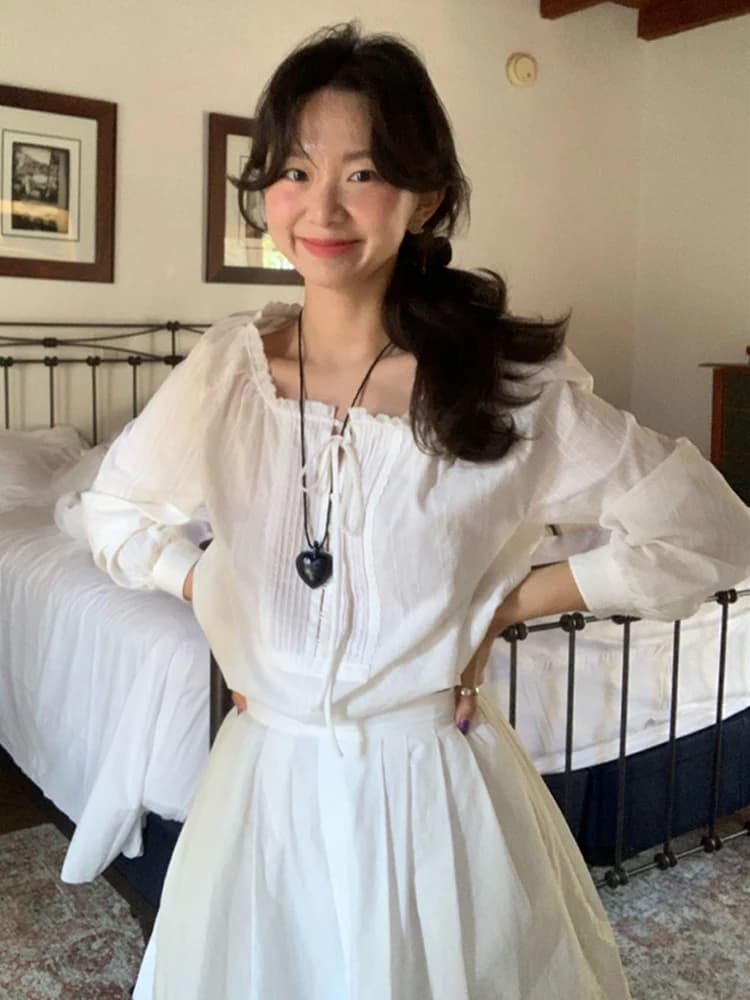 Summer New Style Women's Cotton Shirt with Belt round Neck Long Sleeve Princess Loose Fit Pure Color Korean Design Top
