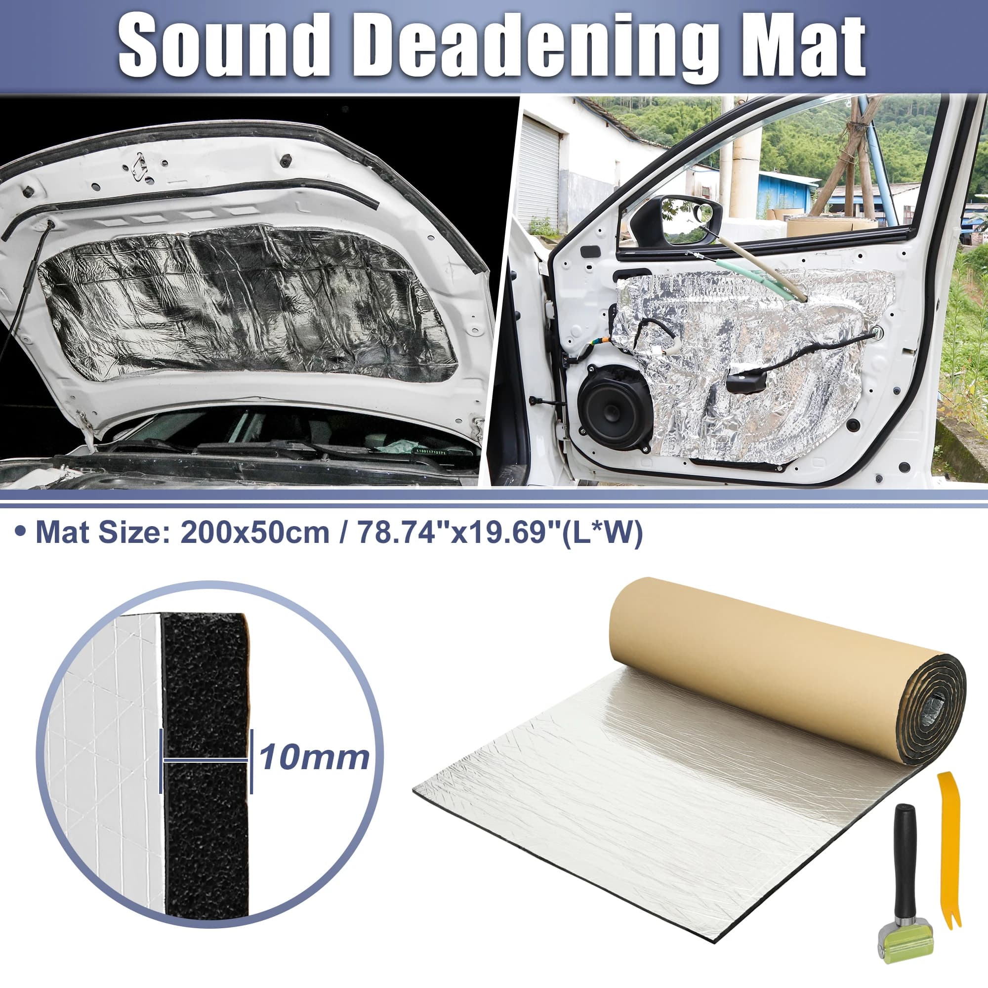 UXCELL 394mil 10mm 10.76sqft Car Sound Deadener Mat Roller Removal Tool Aluminum Foil Foam Heat Shield Material for Hood Fender