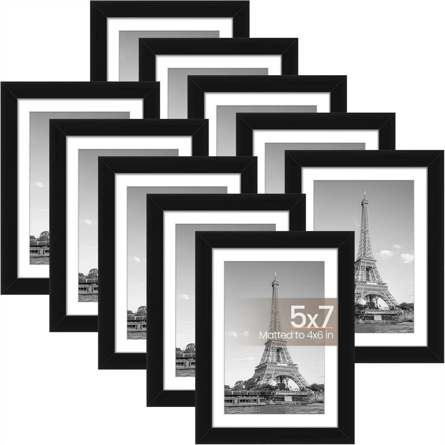 Set di 10 Cornici per Foto 5x7, Esibisce Foto 4x6 con Passepartout o 5x7 Seno a Passepartout, Acrilico Resistente per Decorazione da Parete o Tavolo