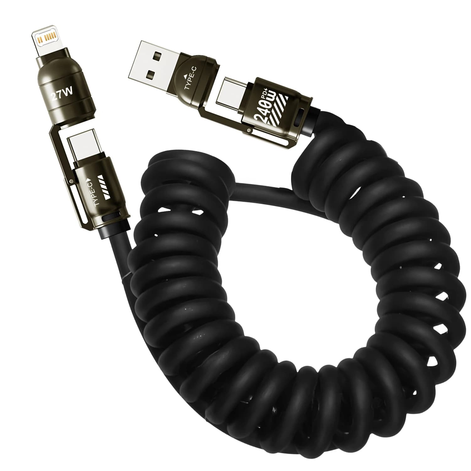 240W Fast Charging 4-in-1 Spring Car Data Cable Compatible with CarPlay for iPhone Samsung Huawei iPad USB C Charger Cord