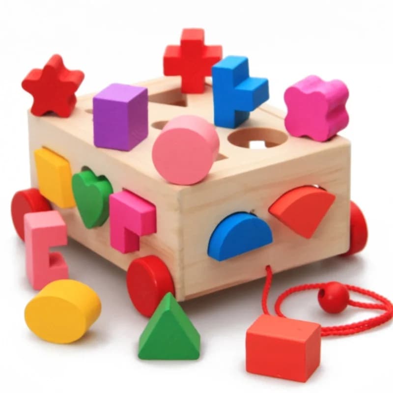 Giocattolo Carrello in Legno con 15 Fori per Inserimento Blocchi, Scatola Intelligente per lo Sviluppo, Regalo per Bambini 0-3 Anni