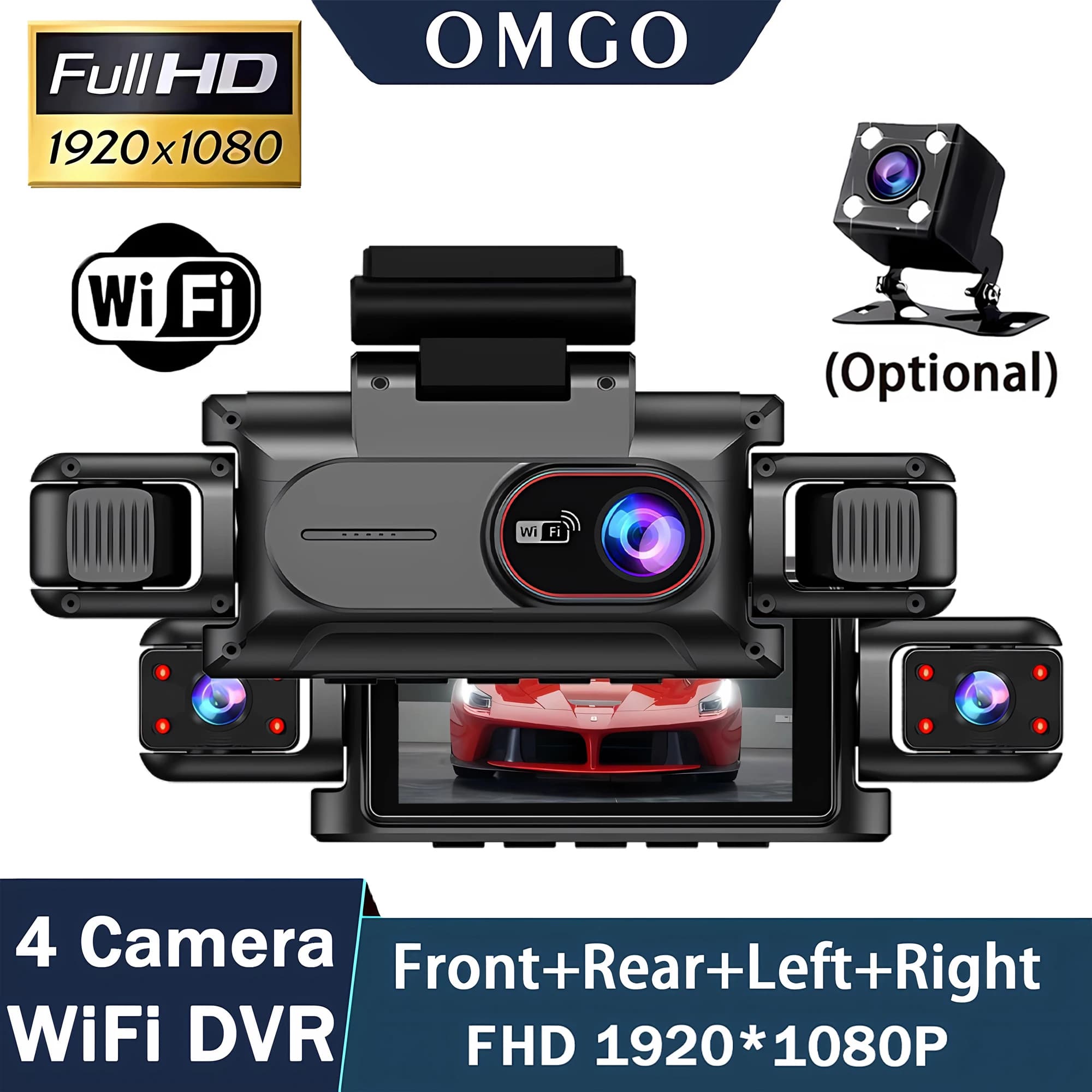 Dashcam per Auto a 4 Canali, Scatola Nera WiFi, Telecamera di Guida FHD 1080P, Visione Notturna, Registrazione in Loop, Kit di Cablaggio Aggiuntivo, Accessori Auto