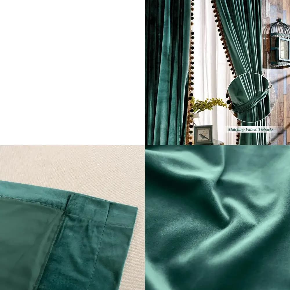 Elegant Velvet Curtains with Pompon, Vintage Dark, with Auction Pocket, 52x84, Ancient Green (Set of 2)