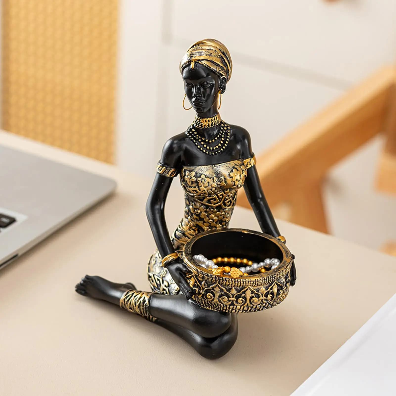 Organizzatore da Tavolo in Resina con Scultura Africana, Statua Donna Africana, Portaoggetti per Caramelle, Gioielli, Anelli, Chiavi, Orecchini, per la Casa