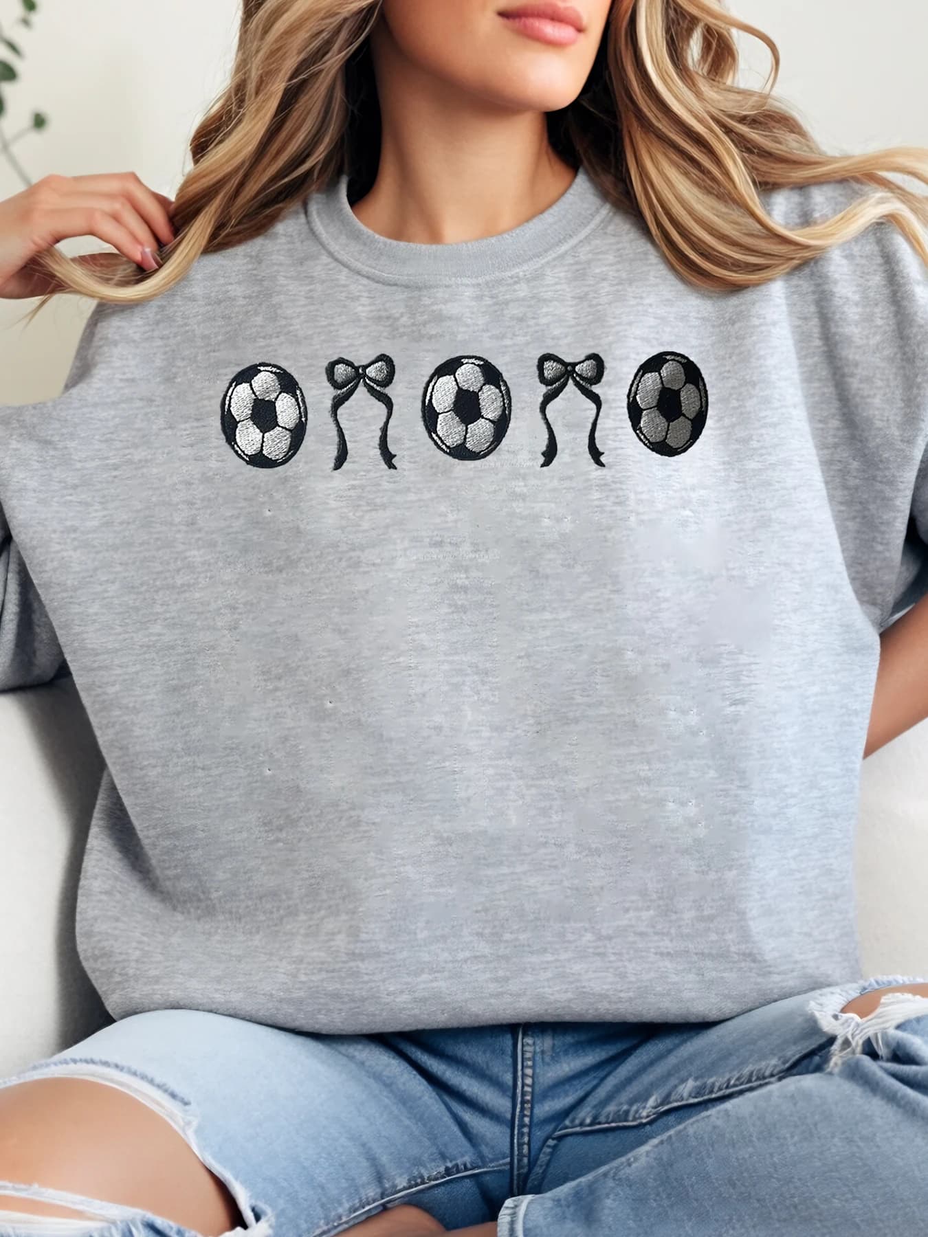 Crew neck sweatshirt with print football and bow Football season Top casual women's Clothing Daily Plus Size