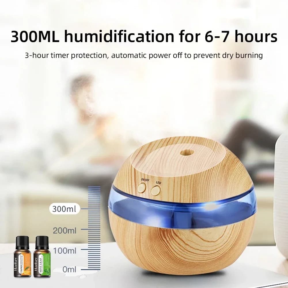 Diffusore e umidificatore per aromaterapia con venature del legno 300 ml USB, controllo touch, luce notturna rilassante Migliora l'atmosfera della tua casa