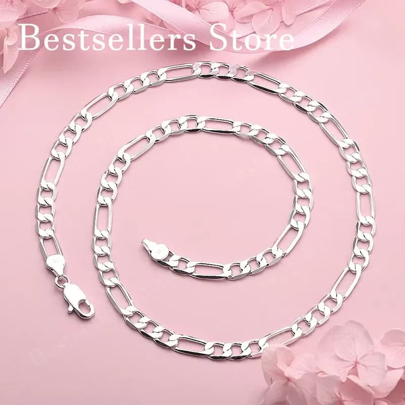Charm 925 Sterling Silver 6MM Figaro Chain Necklace Men Women Fashion Party Wedding Jewelry