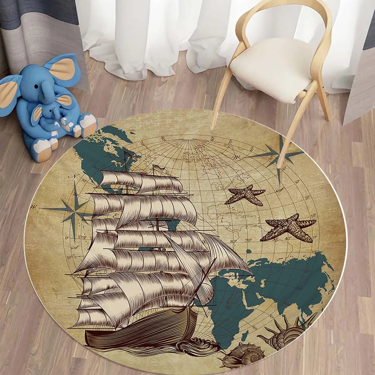 Sailing Ship Pattern Round Rug - Anti-Fatigue Non-Slip Patio Mat for Living Room, Bedroom, Indoor & Outdoor Decor