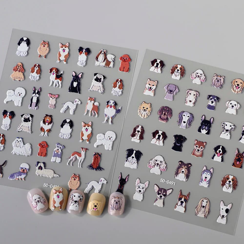 1Pc 5D Embossed Cute Dogs Nail Art Stickers Samoyed,Husky Corgi,Poodle,Doberman Cartoon Animals Nail Stickers Fun Dog Nail Decal