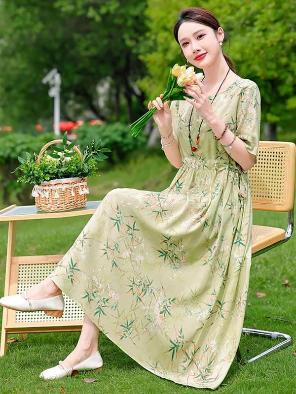 Abito Estivo Casual in Cotone e Seta da Donna, Vestito Midi Floreale Comodo e Traspirante con Collo Tondo e Maniche Corte
