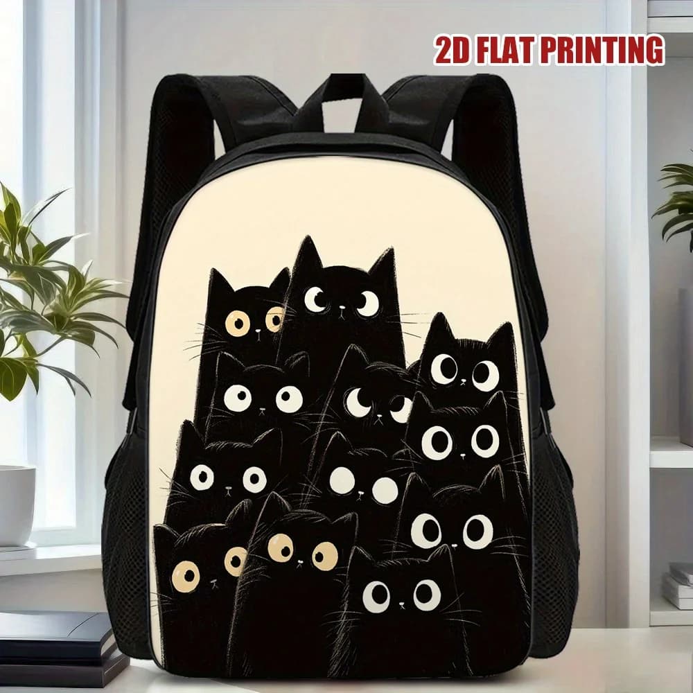 2D flat backpack, 1 piece, with print of a curious, light cat, for students, large capacity travel bag with adjustable shoulder strap