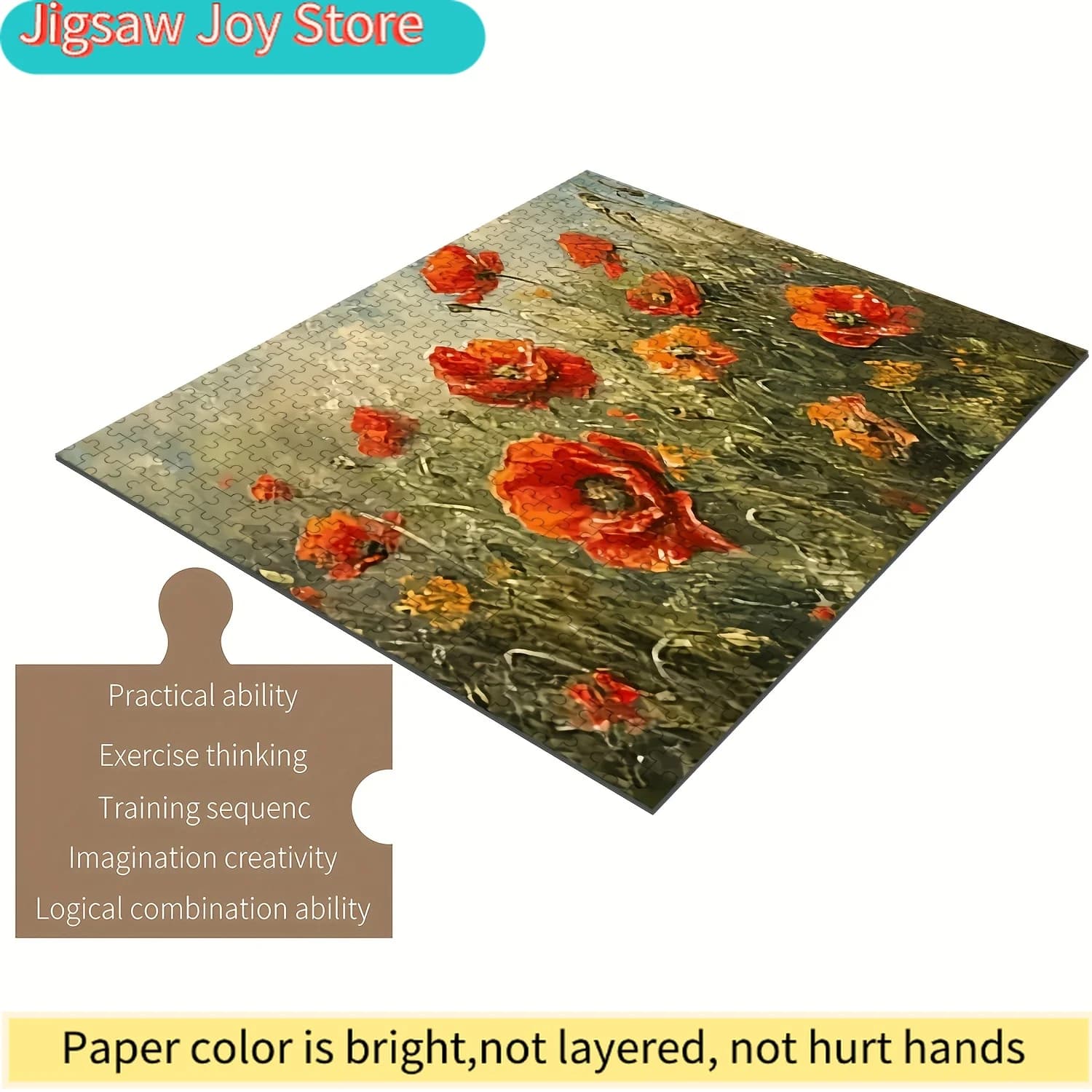 Puzzle per famiglie - Arte con fiori di papavero rosso, sfida di livello intermedio con colori vivaci, portatile e resistente ai graffi