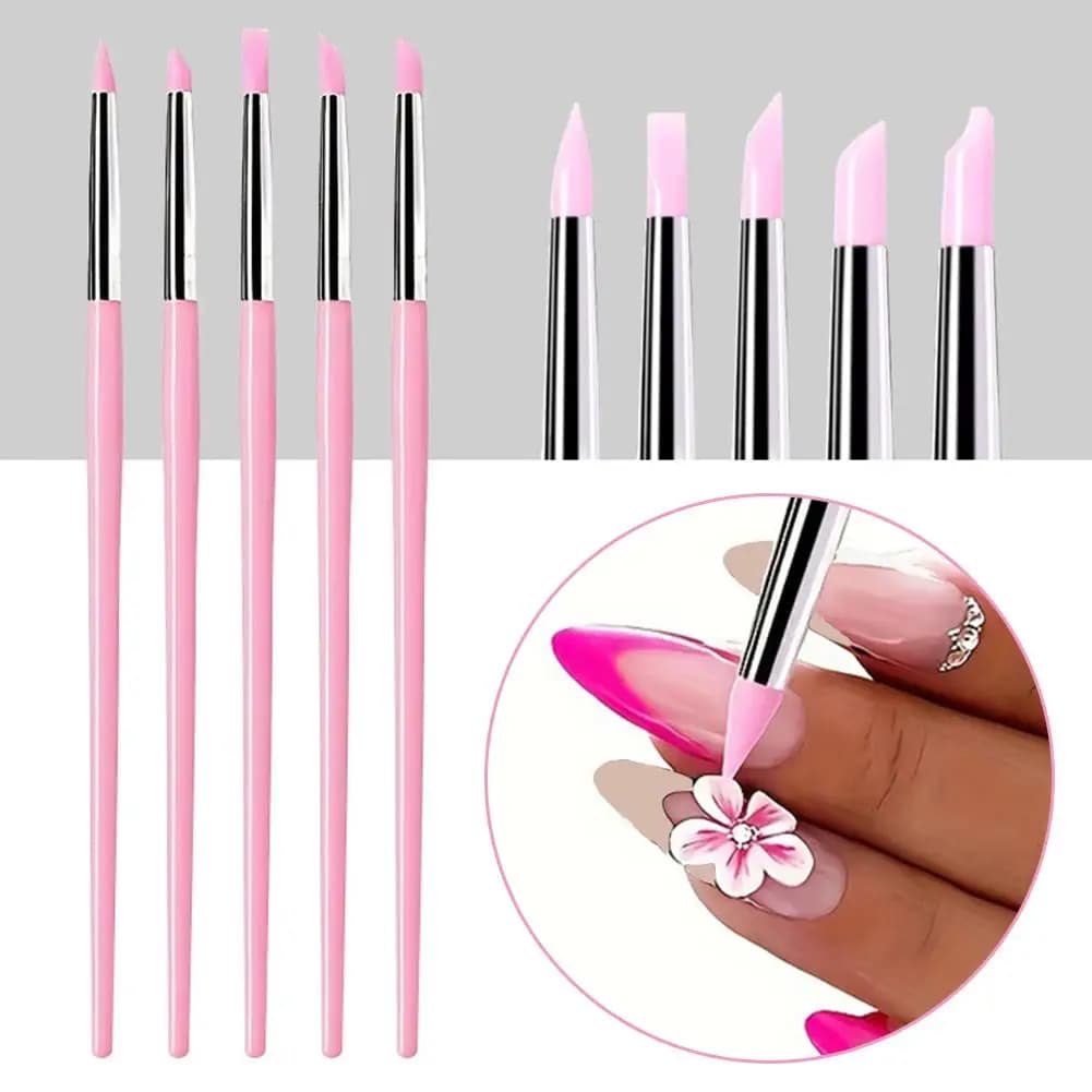 5 pennelli per unghie in silicone per intaglio, rilievo, gel cavo, modellatura, pennelli da disegno con penna per scultura per nail art rosa