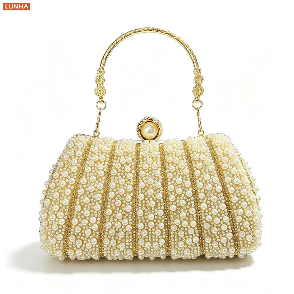 Woman Luxury Pearl Box Clutch Party Handbag Rhinestone Evening Bag Top Handle Bridal Purse for Wedding Banquet Gala