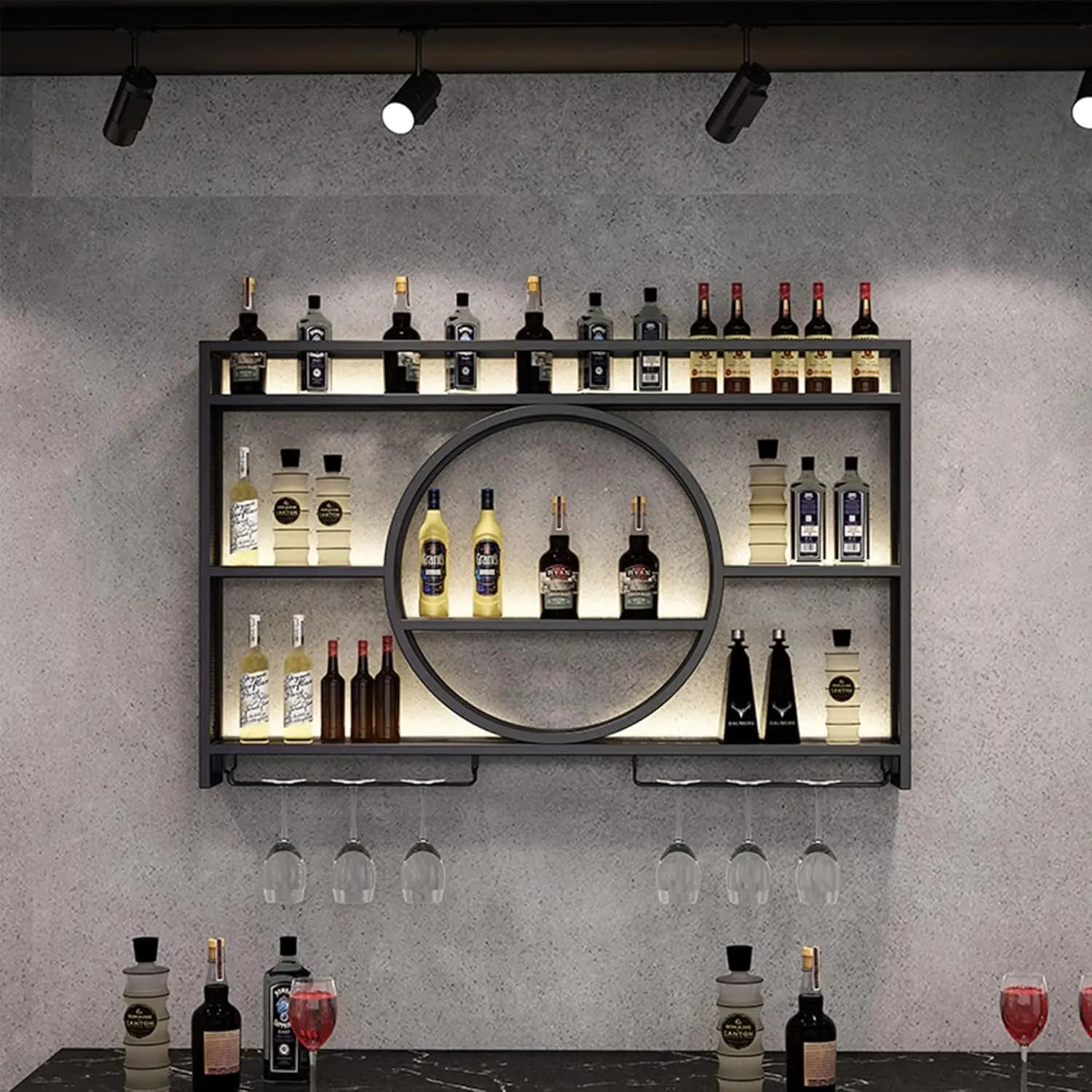 Portabottiglie da Parete con Luce LED e Portabicchieri, Nero, per Cucina e Bar