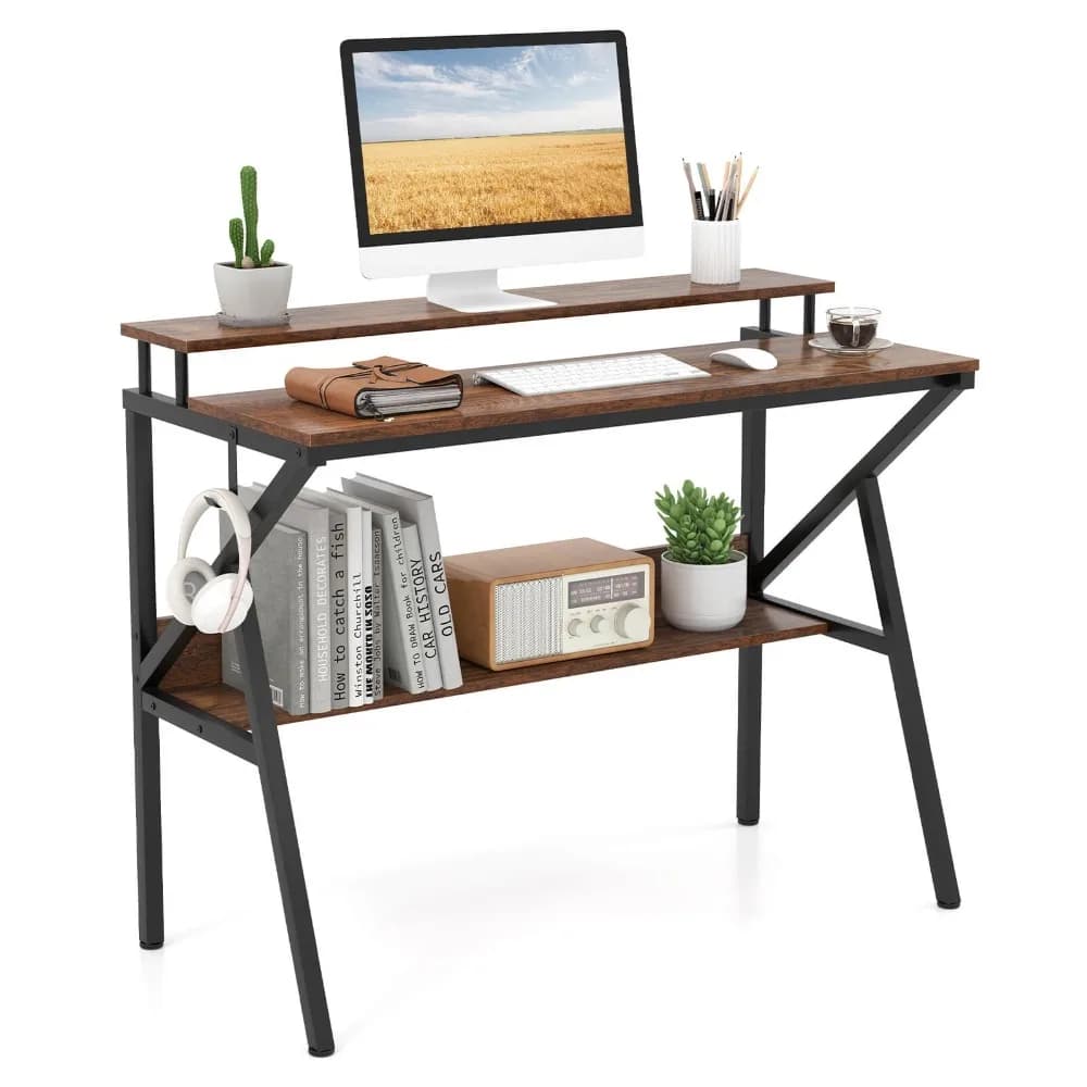 Home office desk with monitor support, open shelf and metal frame, earphone hook