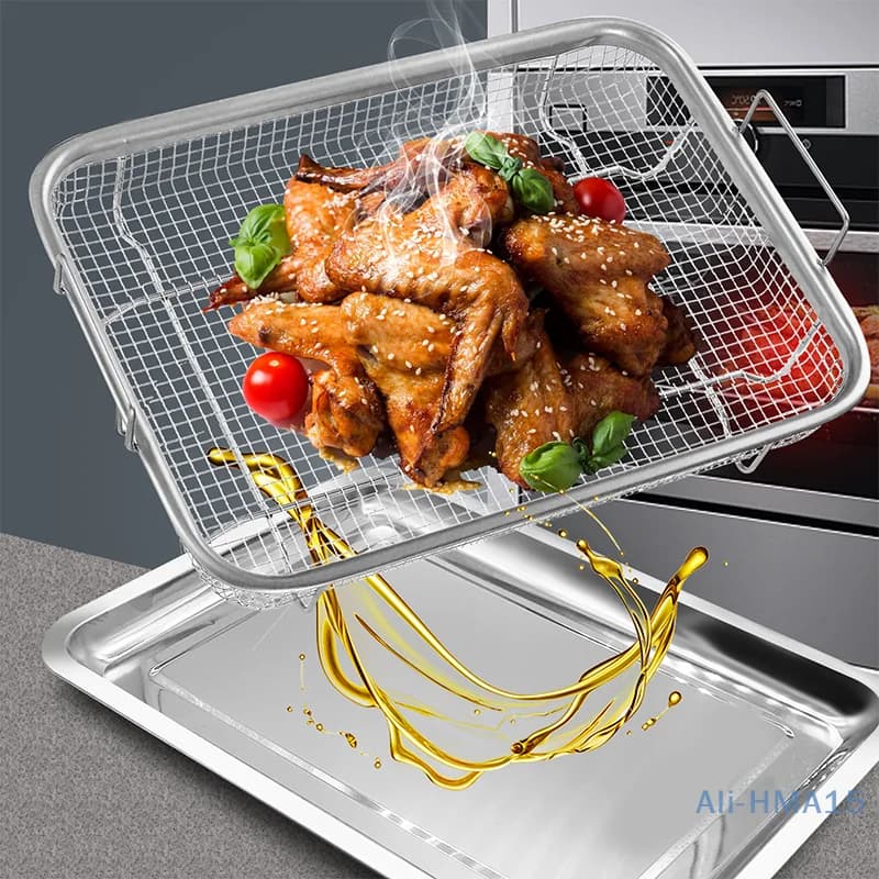 Baking Tray Oil Frying Baking Pan Stainless Steel Non-stick Chips Basket Baking Dish Grill Mesh Square Frying Colander