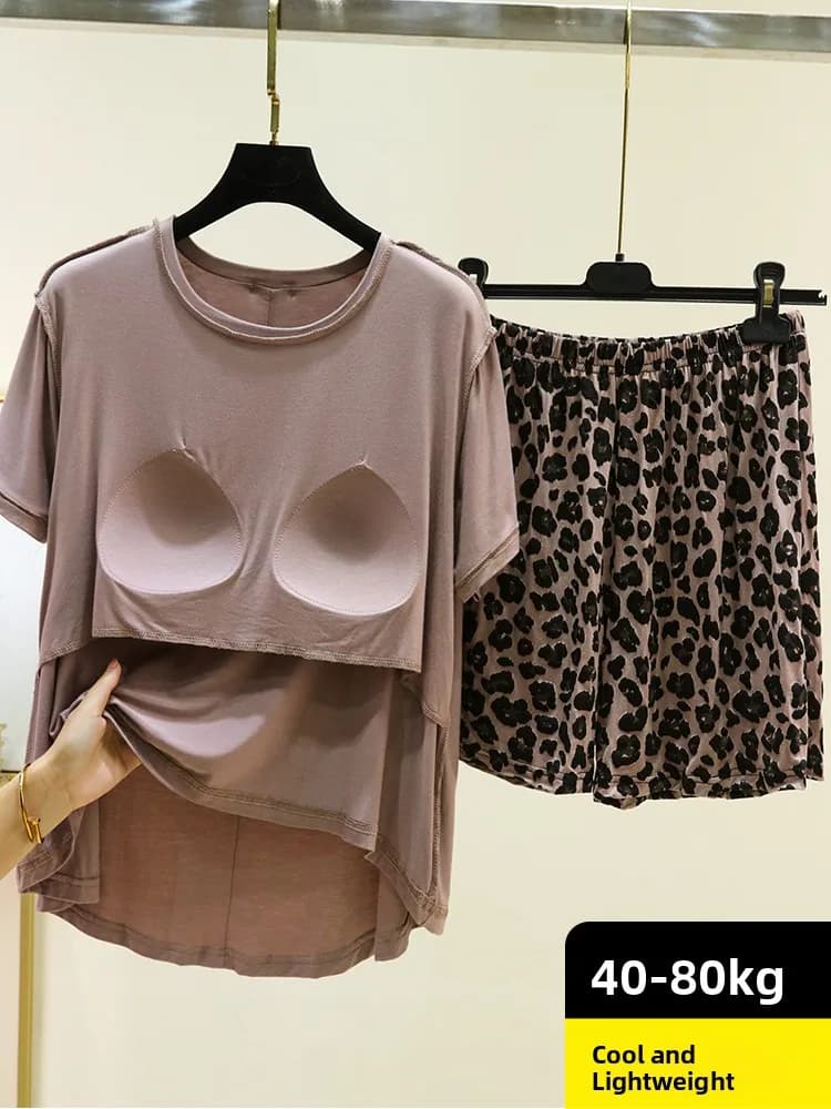 Modal Sleepwear Women's Summer Thin Short Sleeve Loose Comfortable Home Clothes Two-Piece Set with Chest Pad V-Neck T-Shirt S...