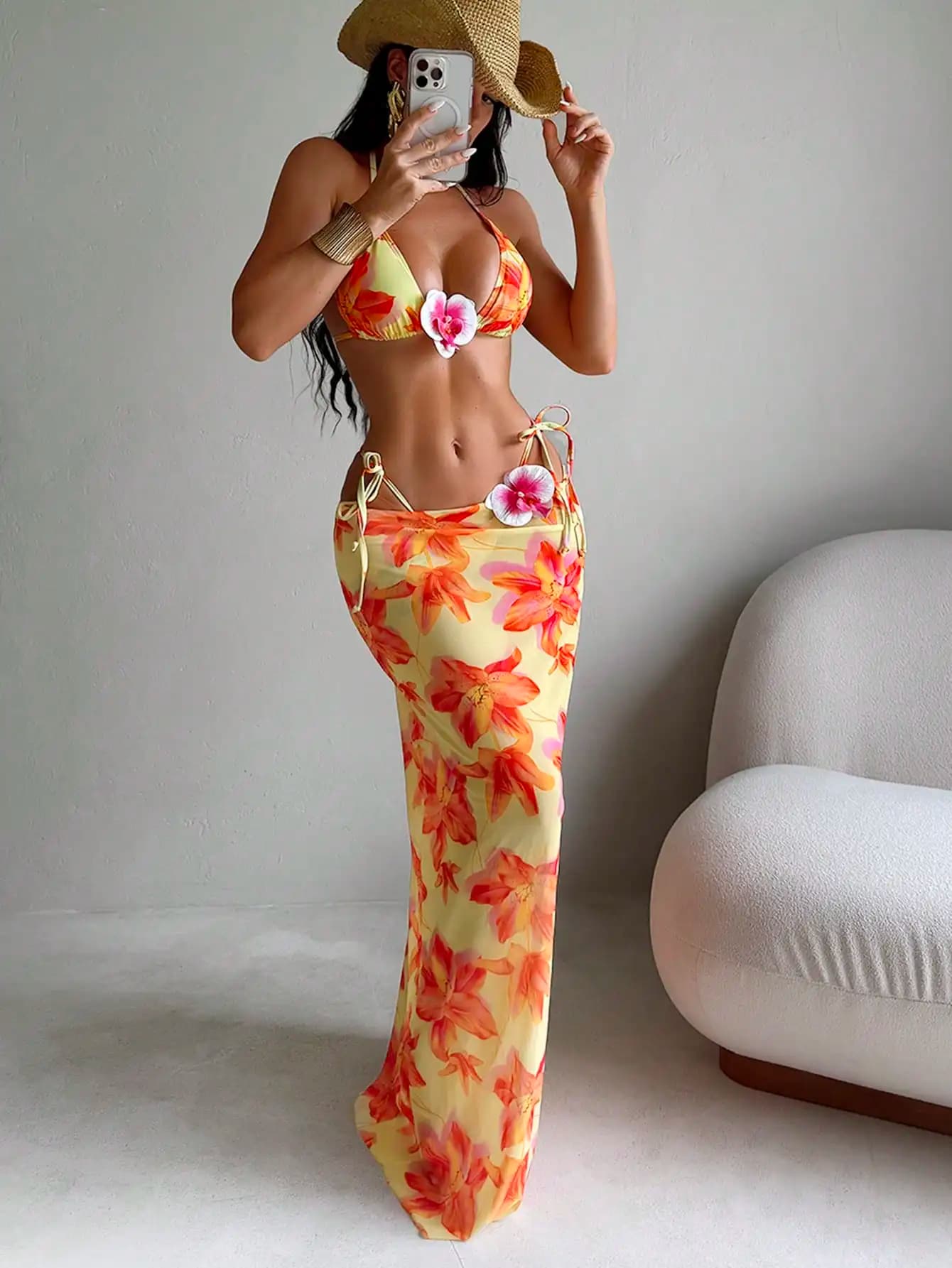 Set di 3 costumi da bagno floreali da donna con scollo all'americana e gonna lunga per feste in spiaggia e festival