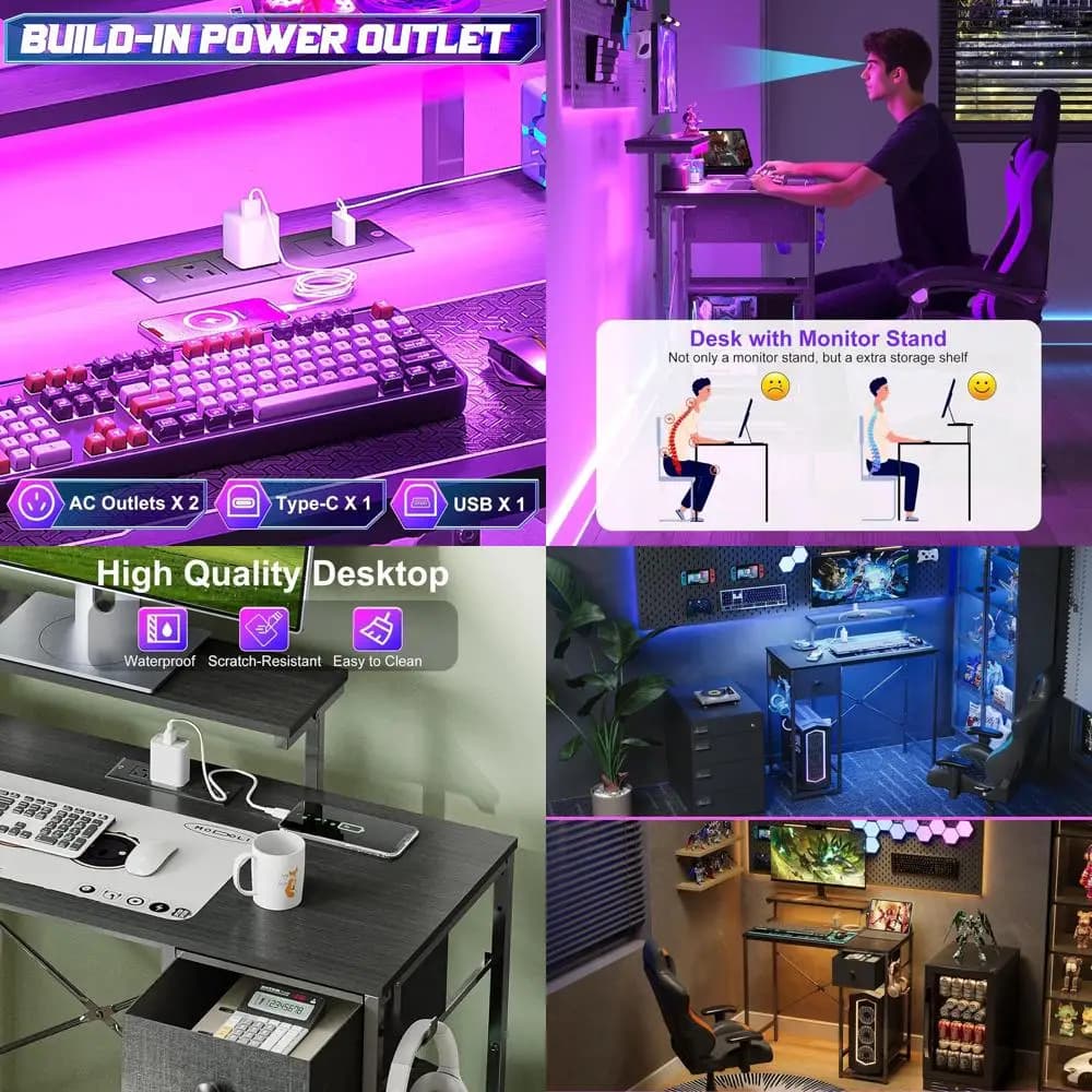 LED illuminated compact gaming desk with power sockets, storage drawer and monitor holder for home office or bedroom