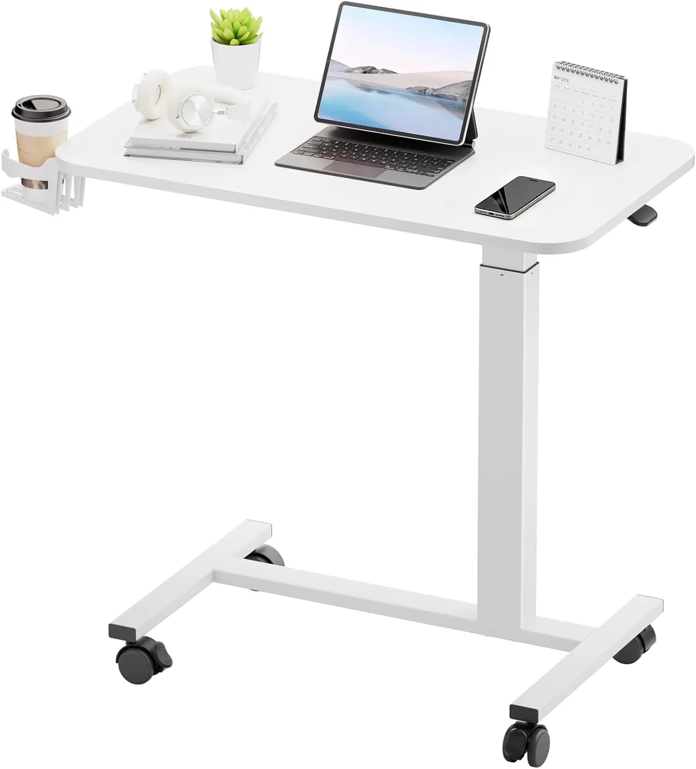 Piccola Scrivania Mobile con Ruote, Tavolo per Laptop Pneumatico Regolabile in Altezza, Postazione di Lavoro per Computer da Letto