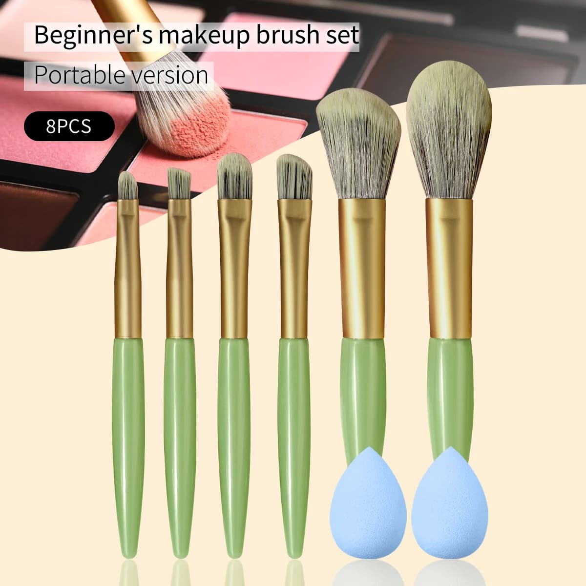 Set di 8 Pennelli Morbidi per Trucco con Spugna, Pennello per Blush, Cipria, Ombretto, Kabuki e Sfumatura per Applicazione Cosmetica