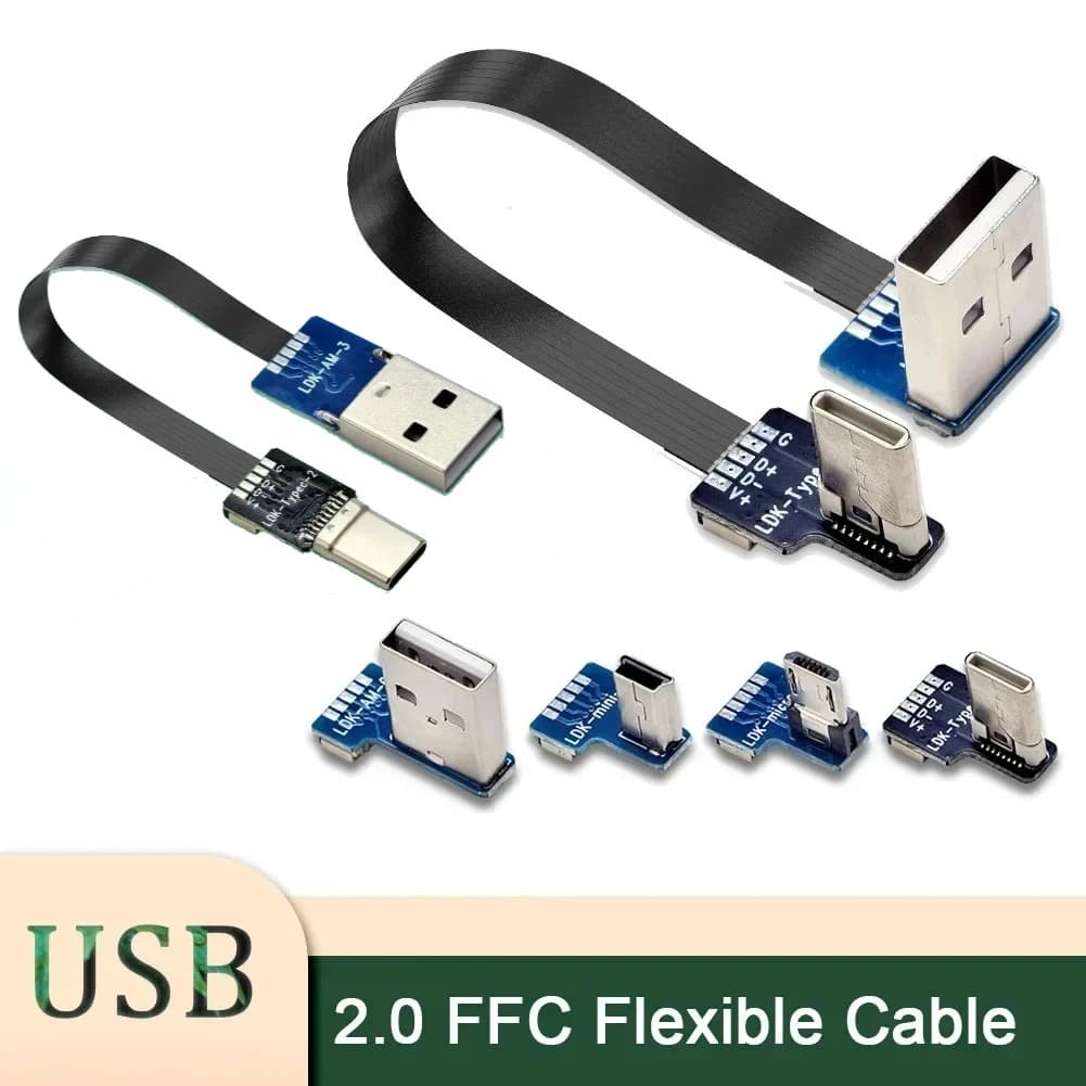 Cavo Flessibile Piatto FFC PCB da 5CM-1M, Cavo USB 2.0 a Type-C Maschio per Ricarica e Trasferimento Dati, Adattatore USB-C a 5 Pin con Angolo di 90 Gradi, 10CM 20CM 30CM