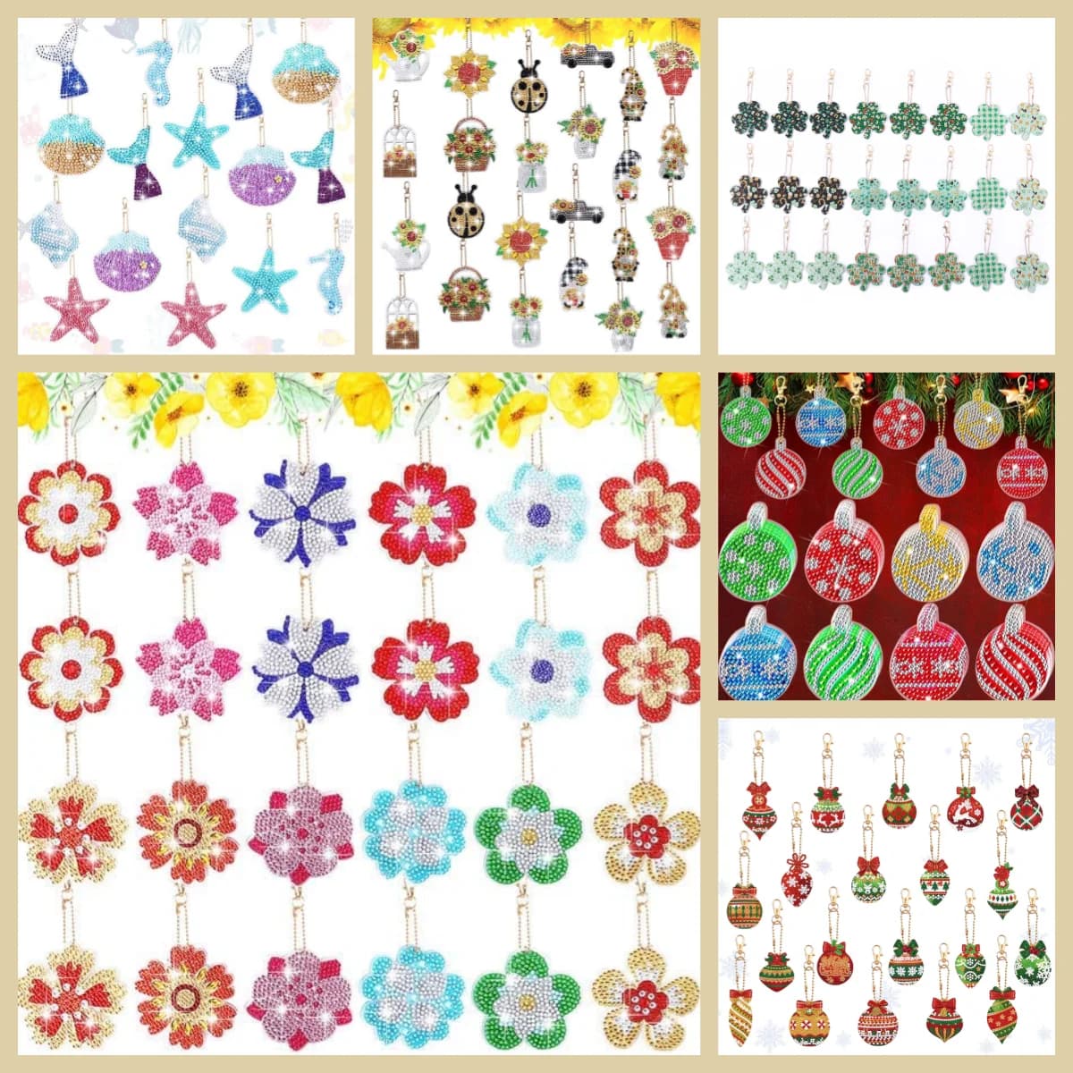 24 DIY Christmas/Flower-Themed Diamond Art Painting Sets, Crystal Decorations and Embroidered Keychain Decorations