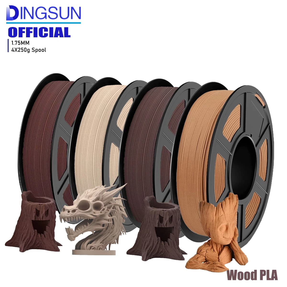 Wood PLA 3D Printer Filament Matt Surface & Low Warping Filament 4X250g Spool (Total 1kg, 2.2 lbs) Accuracy 1.75mm +/- 0.02 mm