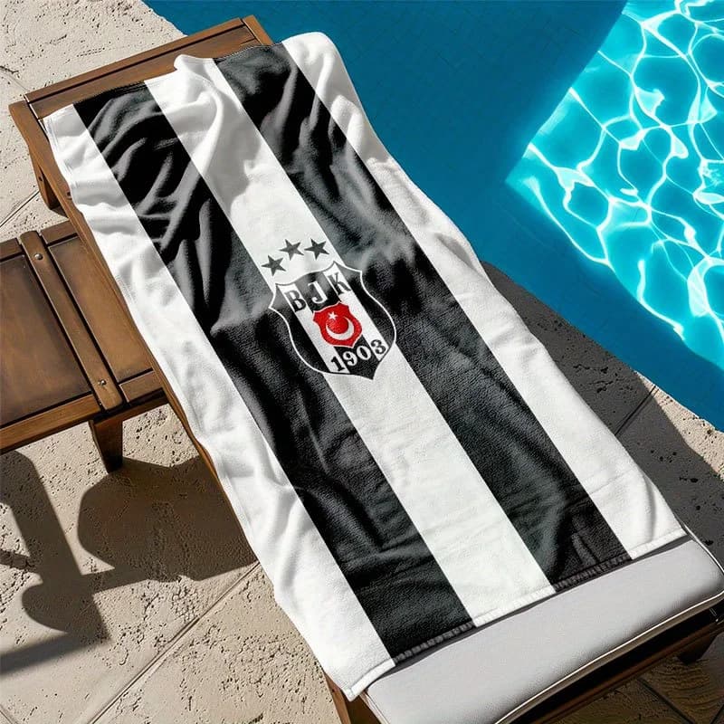Asciugamano da spiaggia ufficiale con logo bianco e nero del Besiktas-JK Soccer Club - Asciugamano rettangolare grande, assorbente e ad asciugatura rapida, morbido per piscina e viaggi