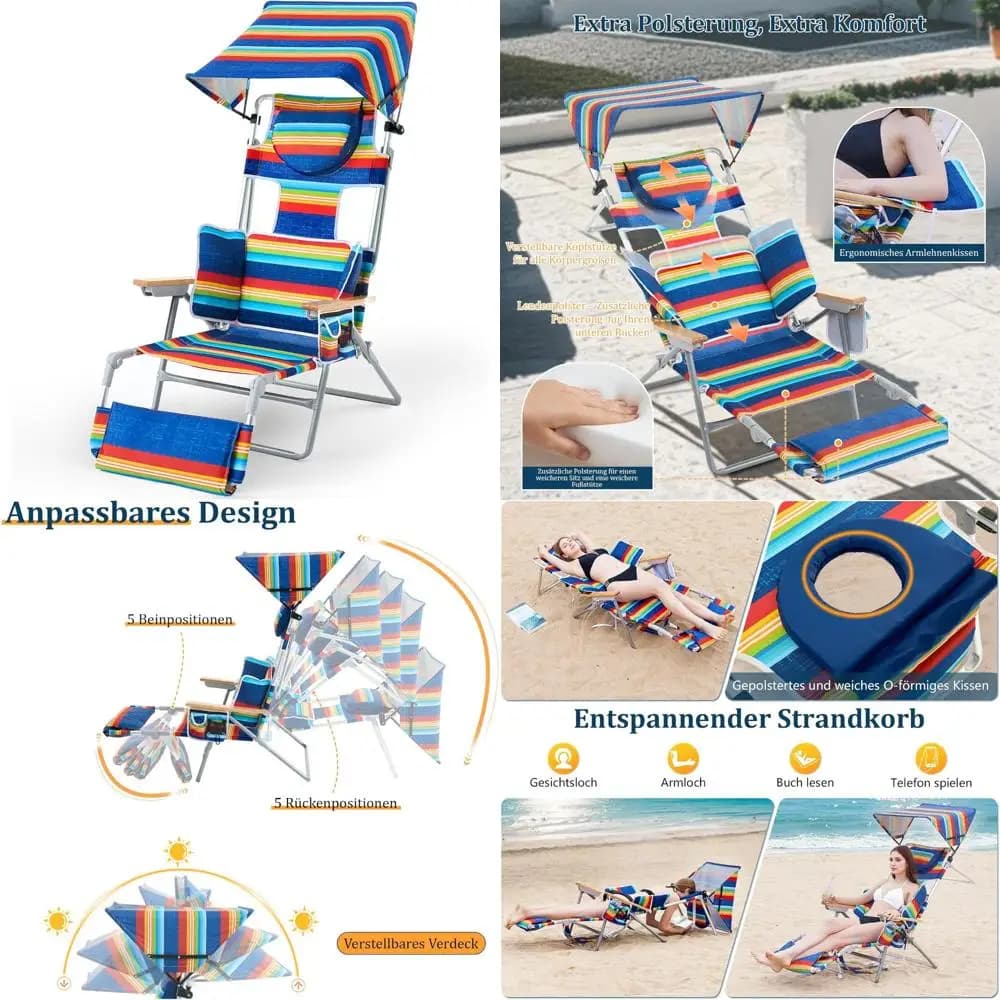 Lettino da spiaggia tutto in uno con baldacchino, sedia abbronzante, fori per il viso e le braccia, cuscino lombare e braccioli reclinabili per un massimo comfort S